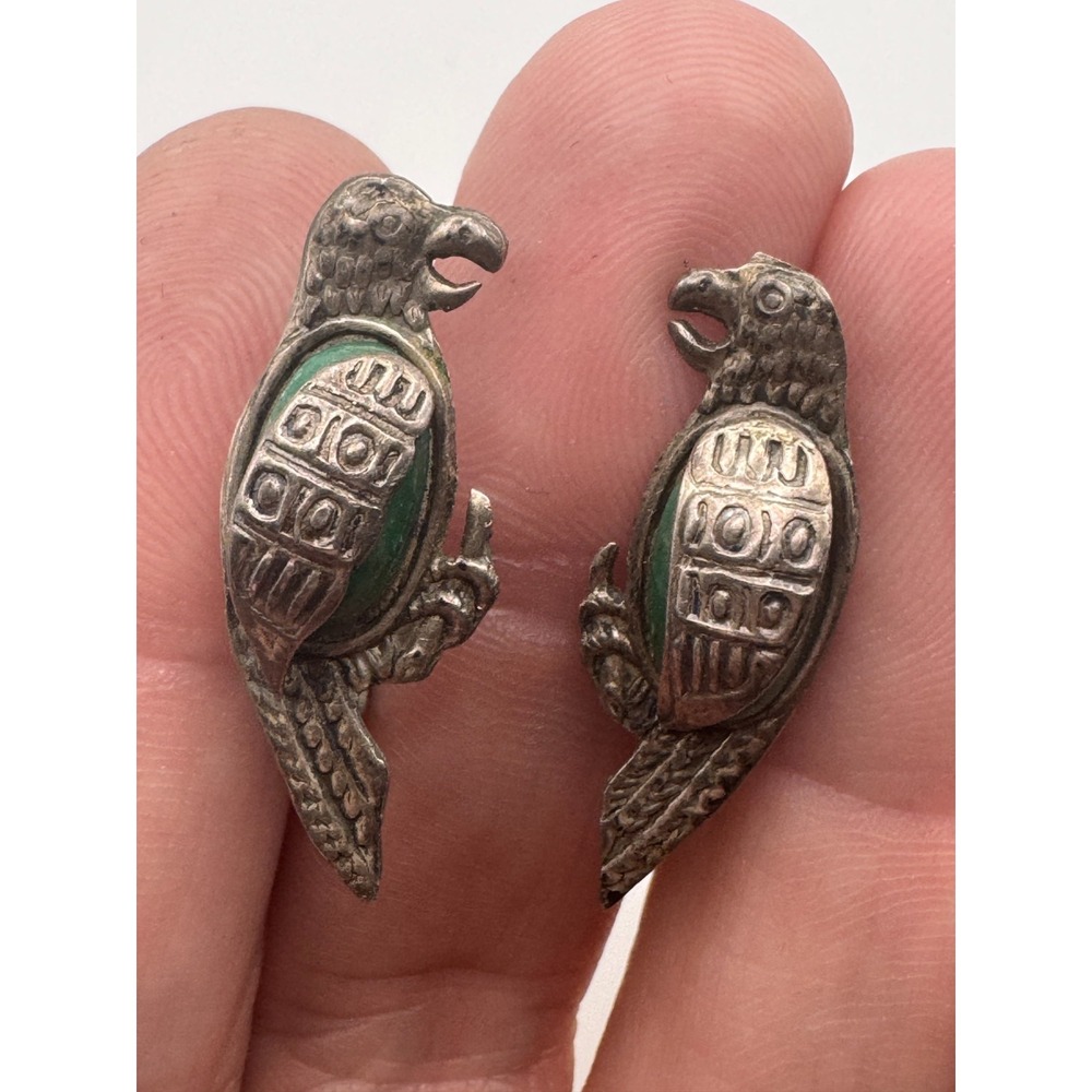 Vintage Mexican Earrings Parrot Bird Anton Green Stone Signed Plata Mex